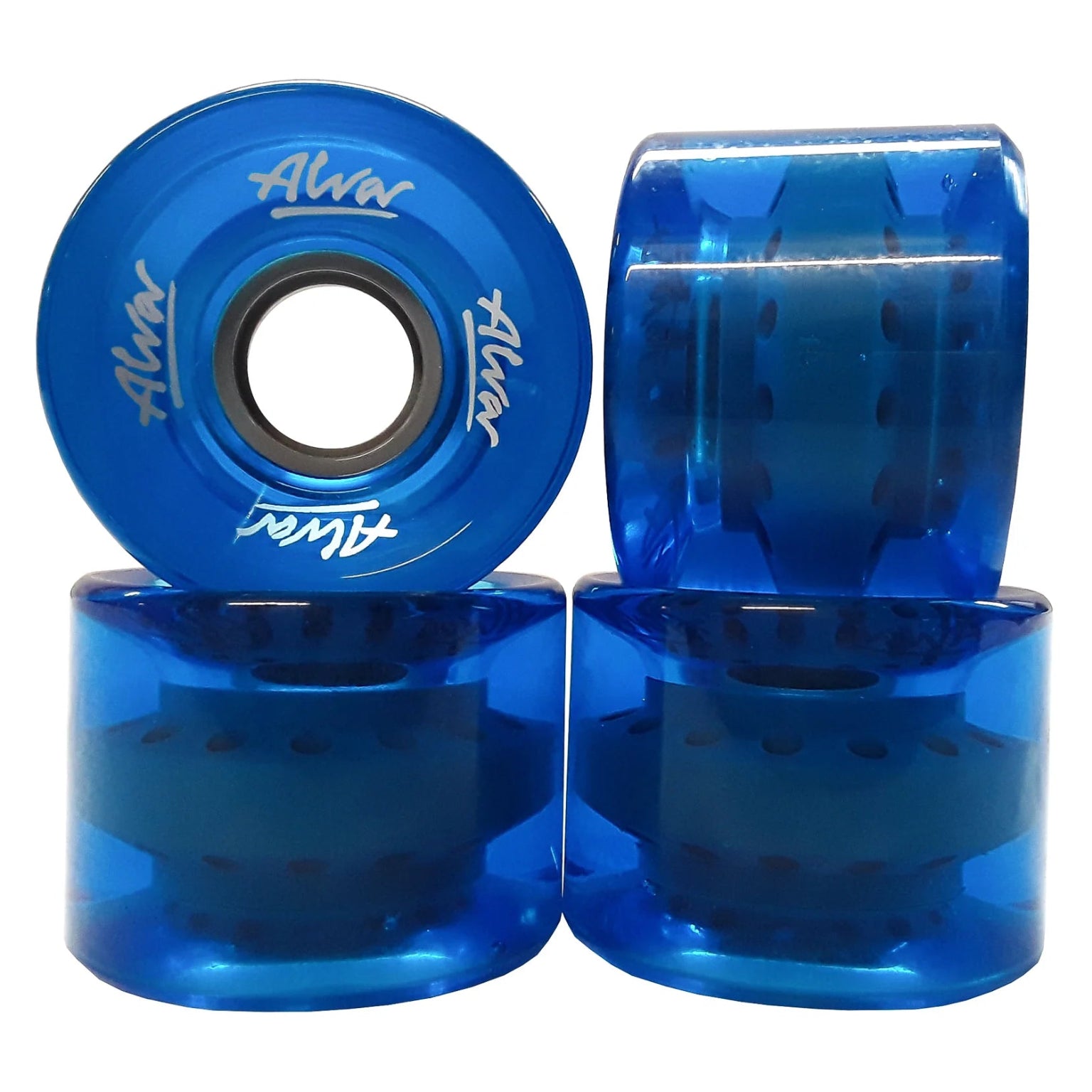 Four blue roller skate wheels with 'Alva' branding on a white background