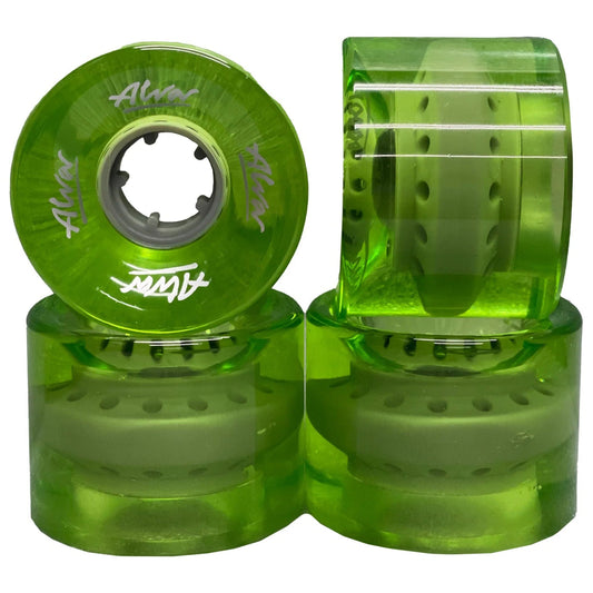 Green skateboard wheels with visible branding on a white background