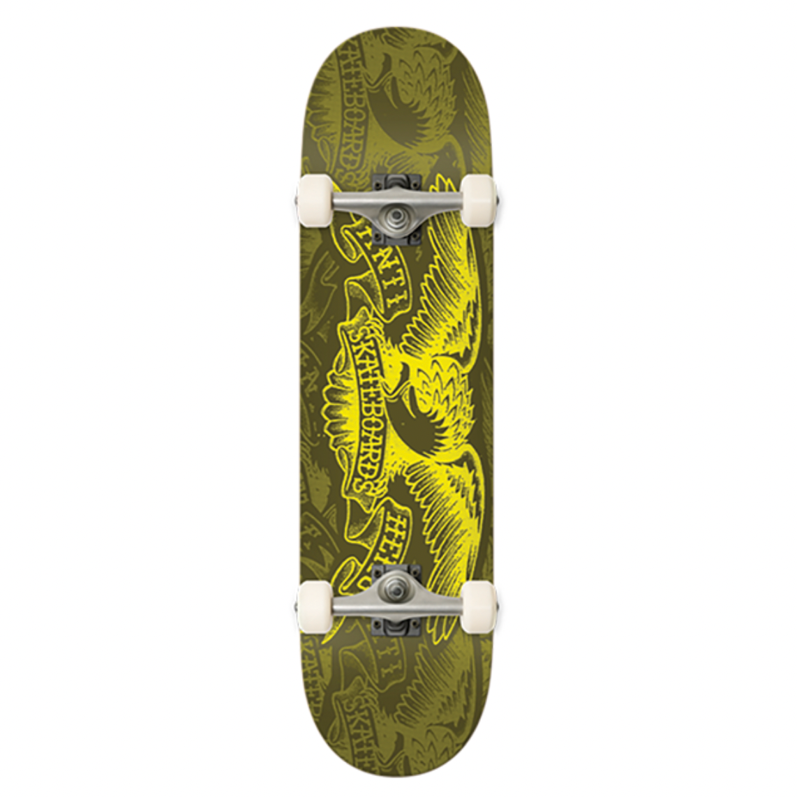 Skateboard with a green and yellow design on a white background