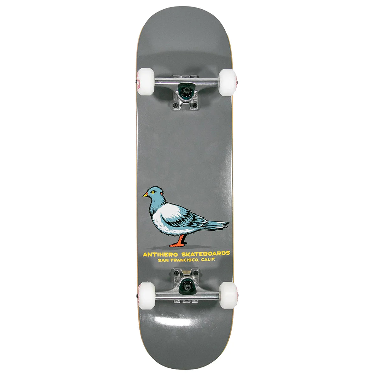 Skateboard with a pigeon design on a gray background