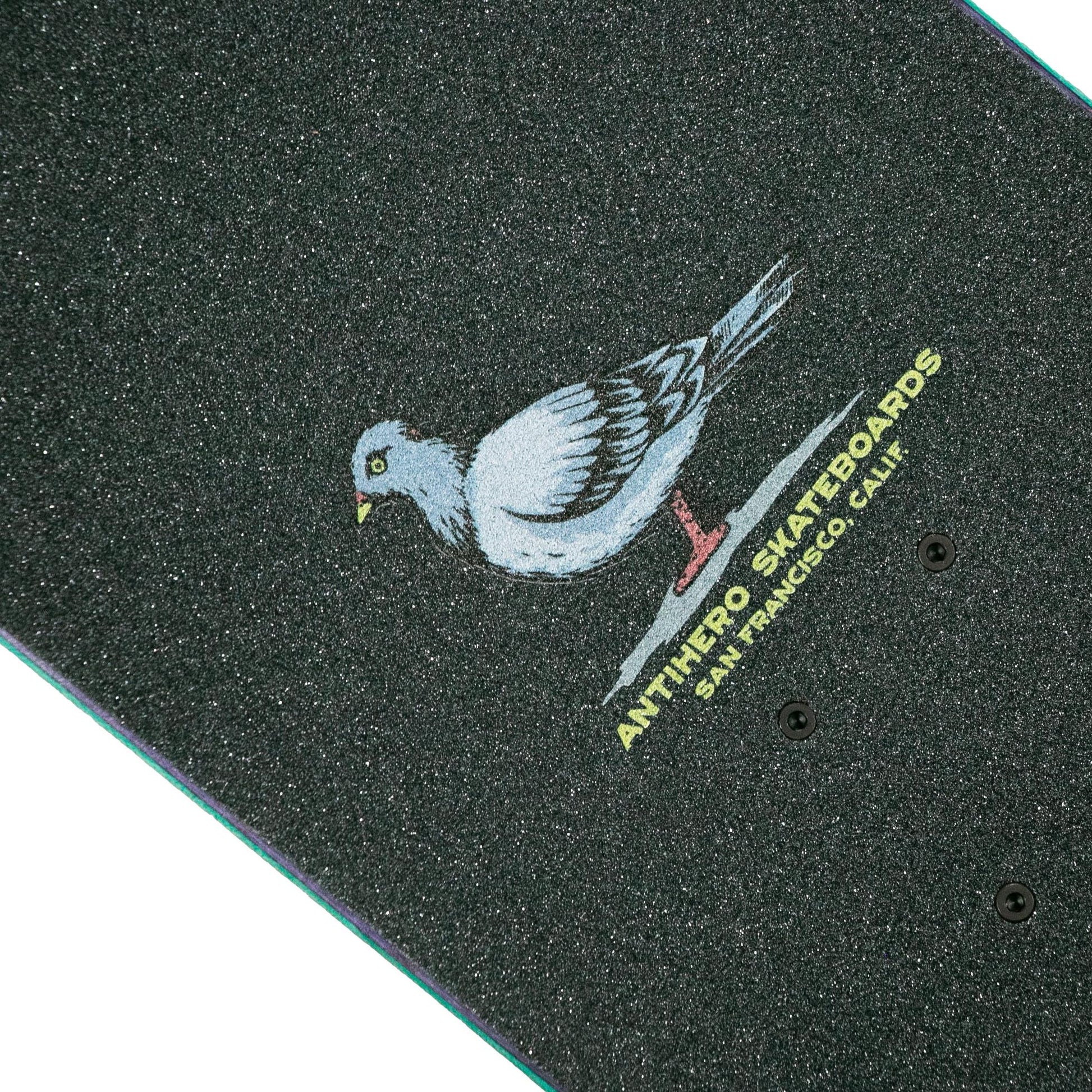 Skateboard deck with a bird graphic and 'Antihero Skateboards' text on a black background