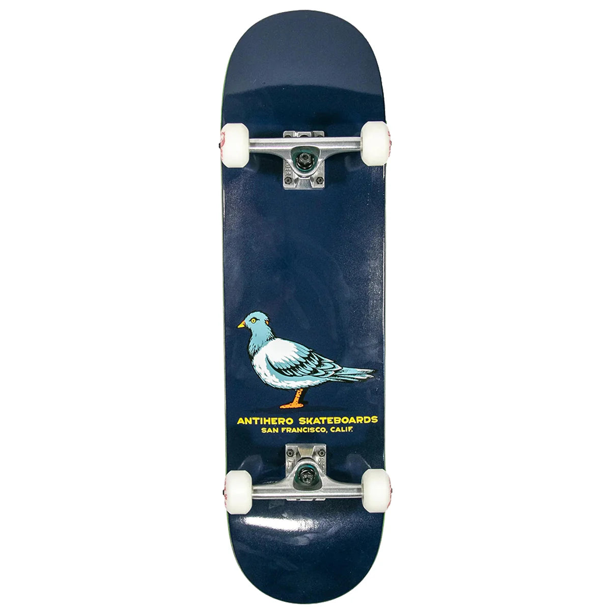 Skateboard with a pigeon design and Antihero Skateboards branding on a white background