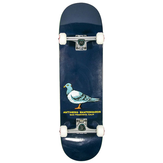 Skateboard with a pigeon design and Antihero Skateboards branding on a white background