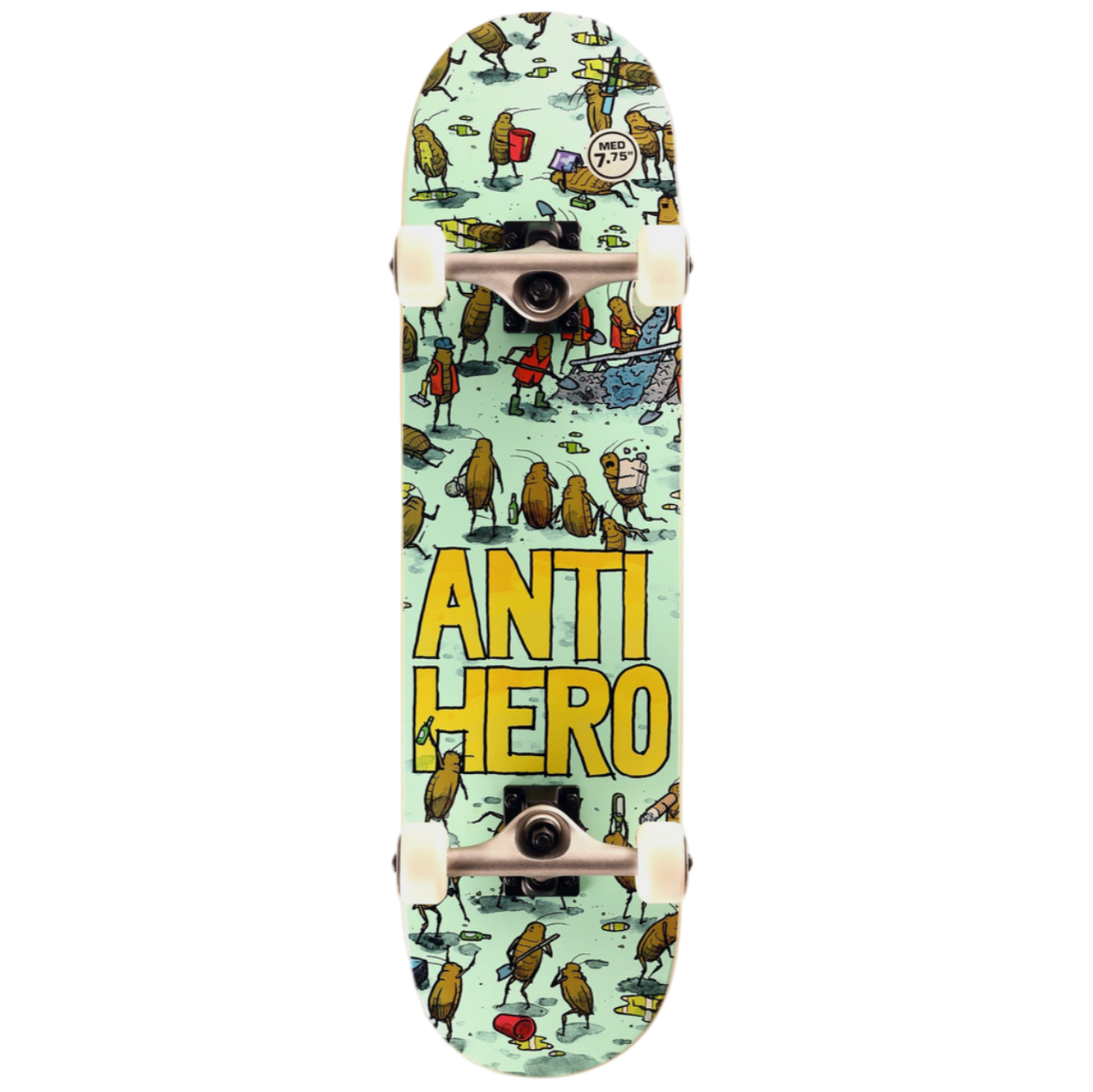 Skateboard deck with 'Anti Hero' branding and colorful graphics on a light background