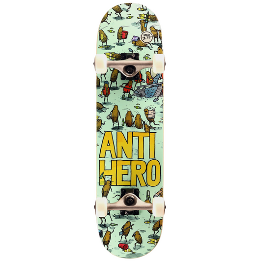 Skateboard deck with 'Anti Hero' branding and colorful graphics on a light background