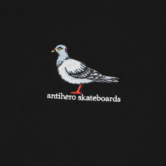 Embroidered pigeon design with 'antihero skateboards' text on a black background