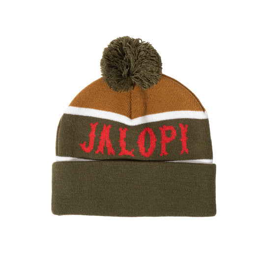 Knitted beanie with 'Jalopi' text on a white background