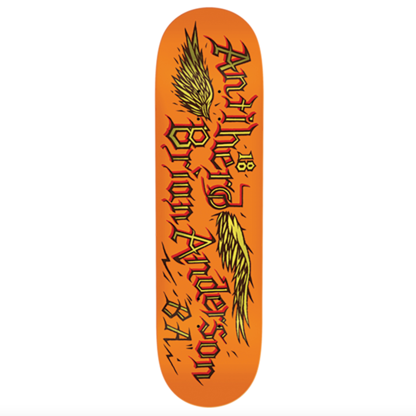 Orange skateboard deck with text and graphics on a white background
