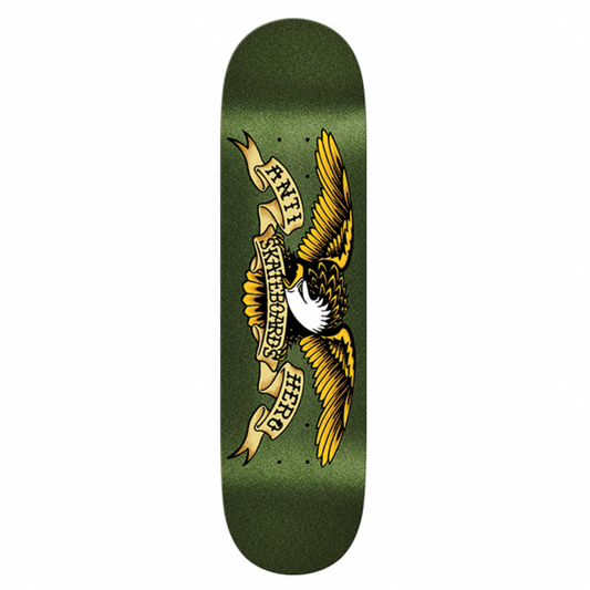 Skateboard deck with an eagle design on a green background