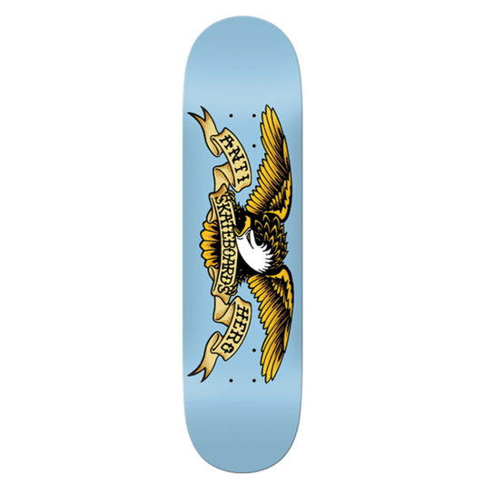 Skateboard deck with an eagle design on a light blue background