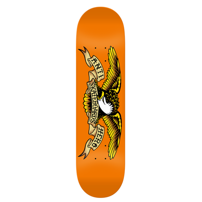 Orange skateboard deck with a colorful eagle design on a white background