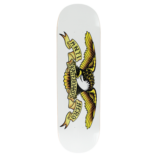 Skateboard deck with eagle design and text on a white background