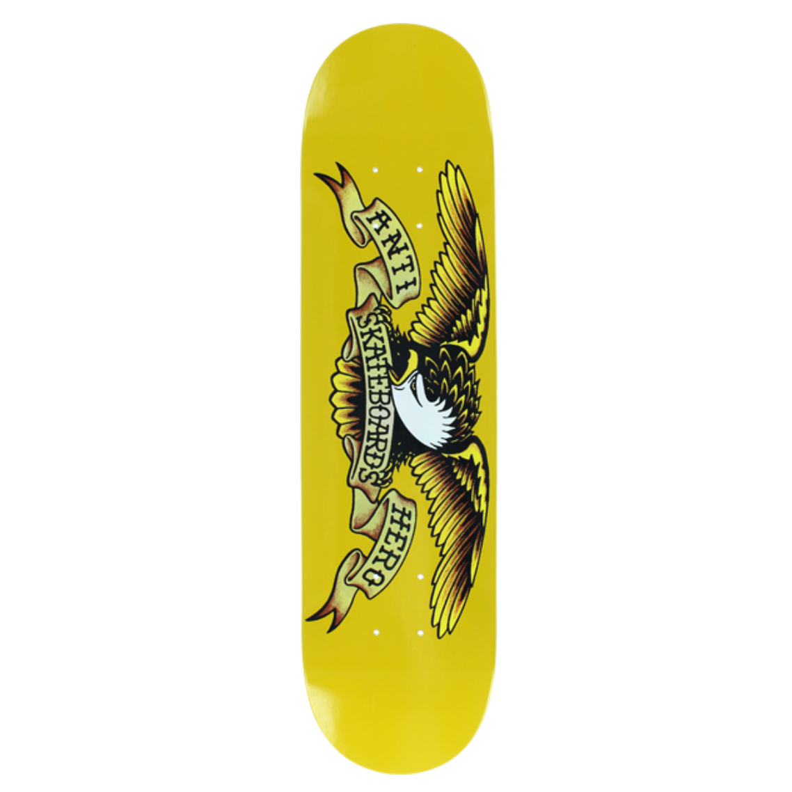 Yellow skateboard deck with an eagle design on a white background