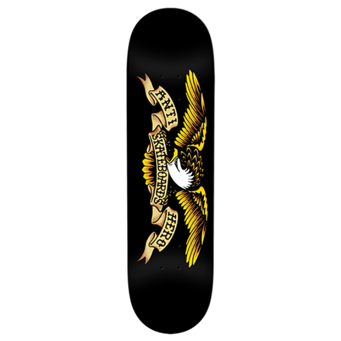 Skateboard deck with an eagle design on a black background