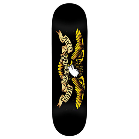 Skateboard deck with an eagle design on a black background