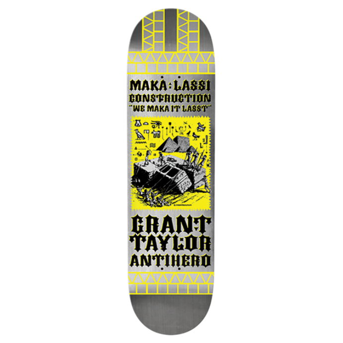 Skateboard deck with visible branding and graphics on a white background