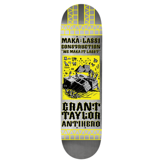 Skateboard deck with visible branding and graphics on a white background