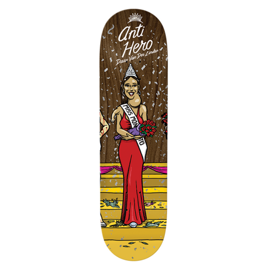 Skateboard deck with a design of a person in a red dress and tiara, standing on a yellow platform.