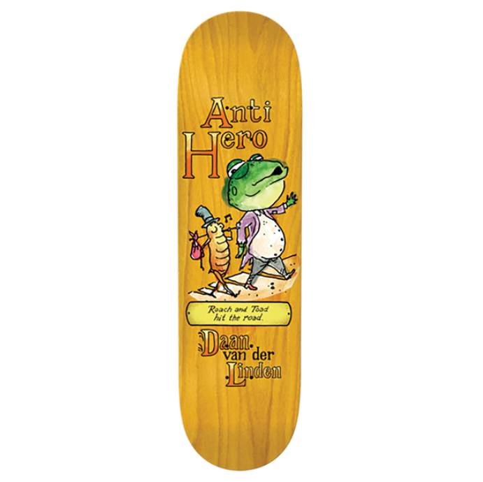 Skateboard deck with a cartoon character and 'Anti Hero' branding on a white background