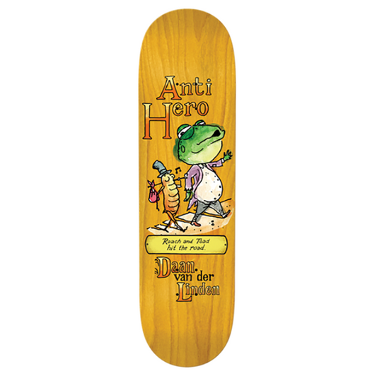 Skateboard deck with a cartoon character and 'Anti Hero' branding on a white background