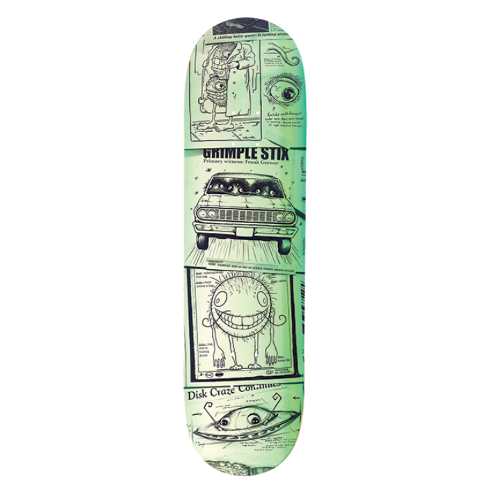 Skateboard deck with graphic design on a white background