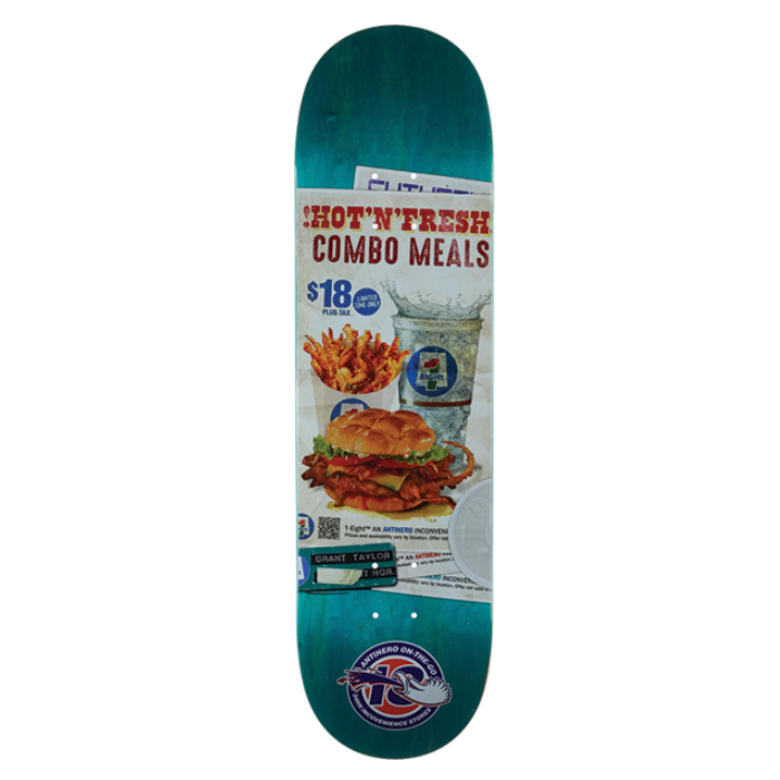 Skateboard deck with a fast food combo meal graphic on a white background