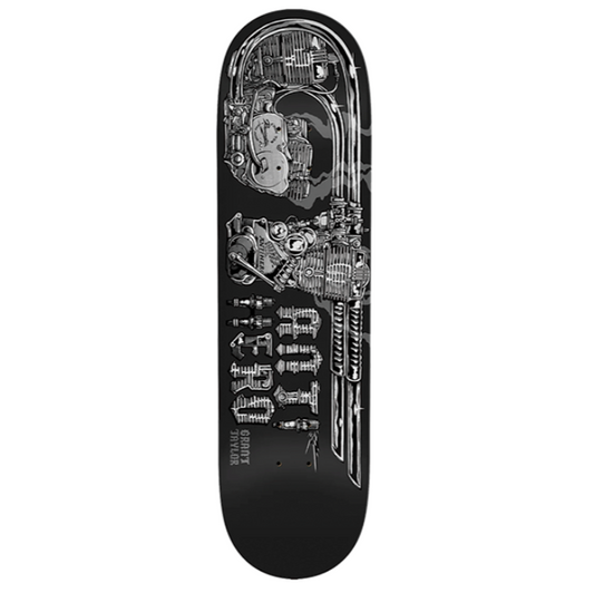 Skateboard deck with black and white design on a white background