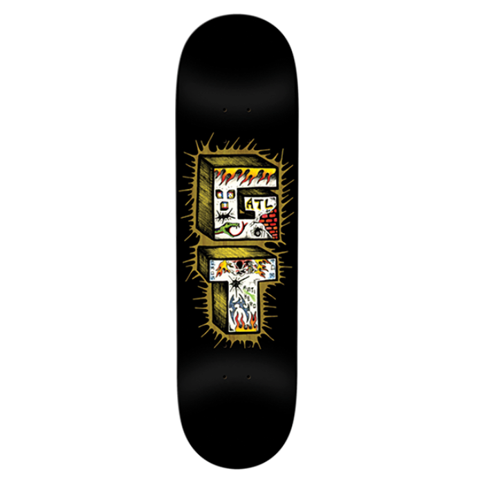 Black skateboard deck with colorful graphics on a white background
