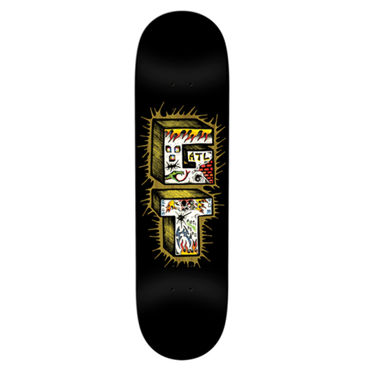Black skateboard deck with colorful graphics on a white background