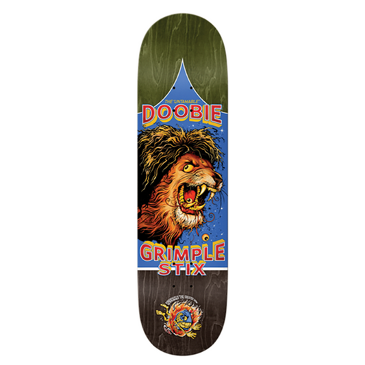 Skateboard deck with a lion graphic and 'Doobie Grimple Stix' text on a white background
