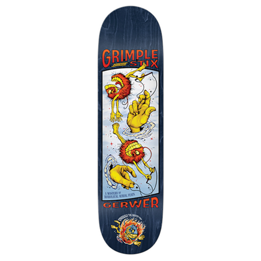 Skateboard deck with colorful graphics and text on a white background