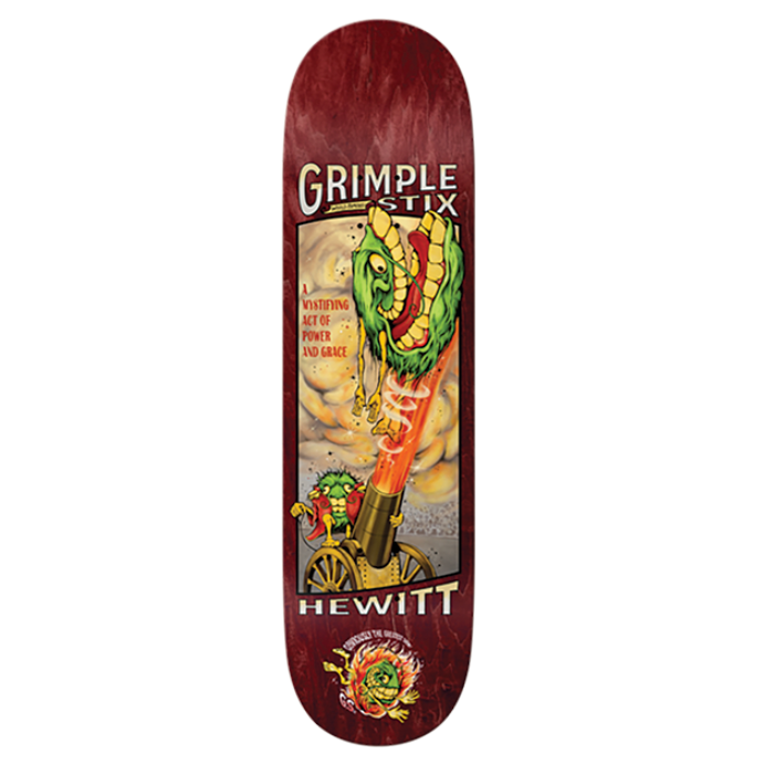 Skateboard deck with colorful graphics and text on a white background