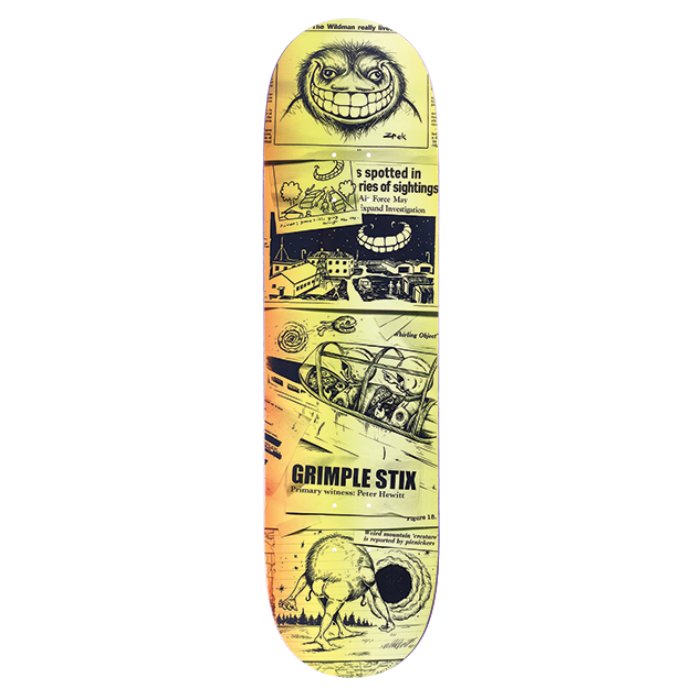 Skateboard deck with colorful graphics and text on a white background