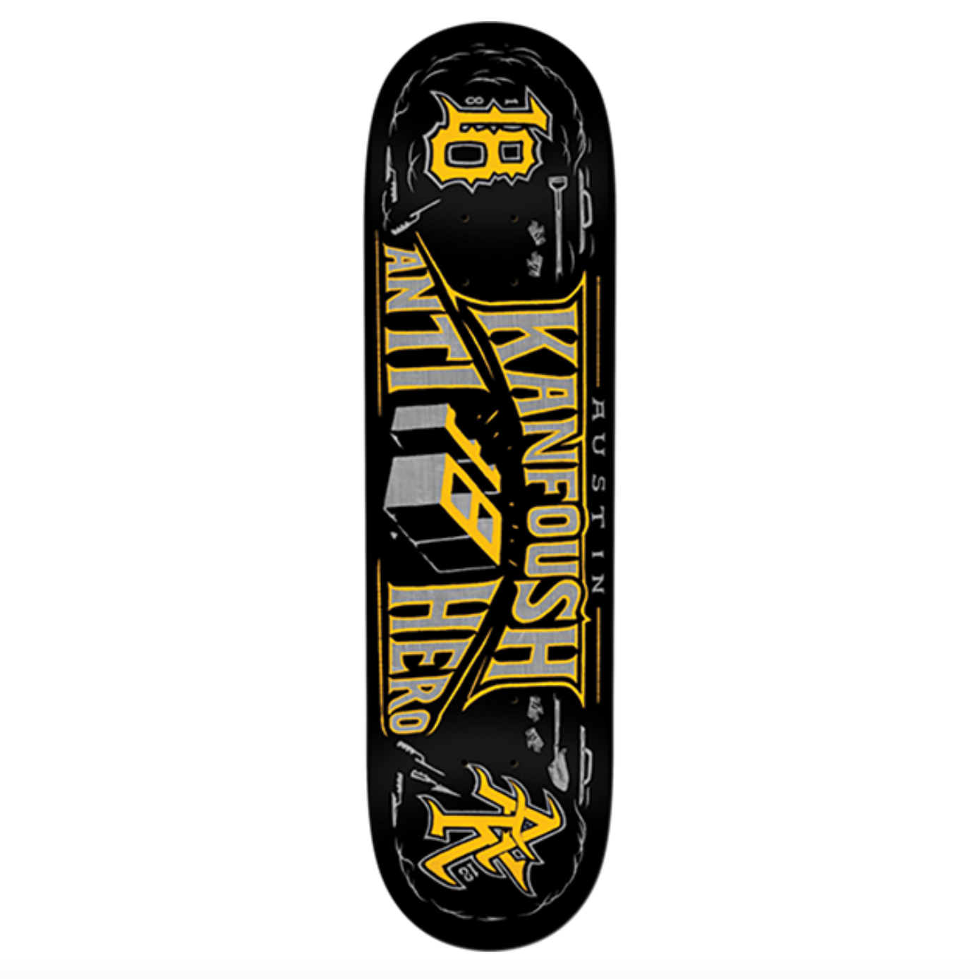 Skateboard deck with branding and text on a white background