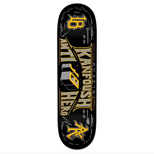 Skateboard deck with branding and text on a white background