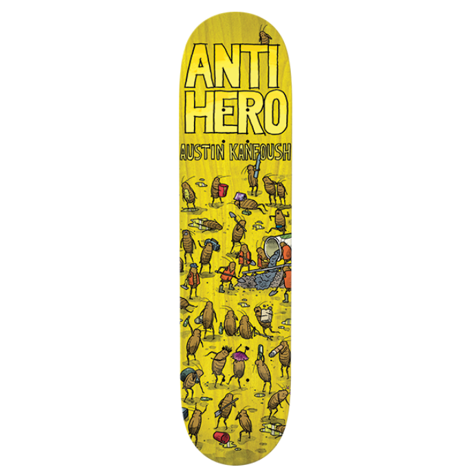 Skateboard deck with 'Anti Hero' branding and colorful graphics on a white background