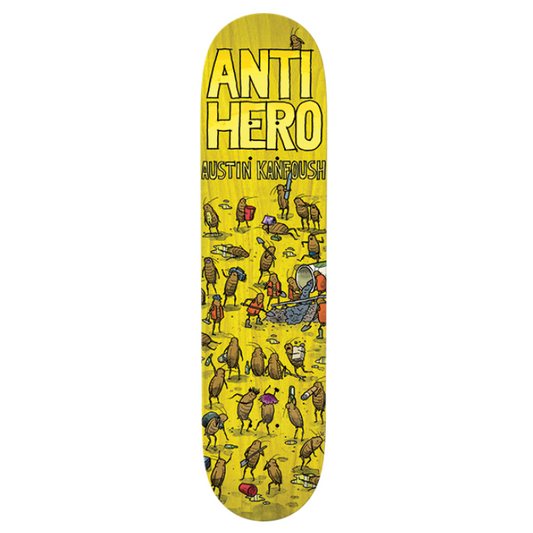 Skateboard deck with 'Anti Hero' branding and colorful graphics on a white background