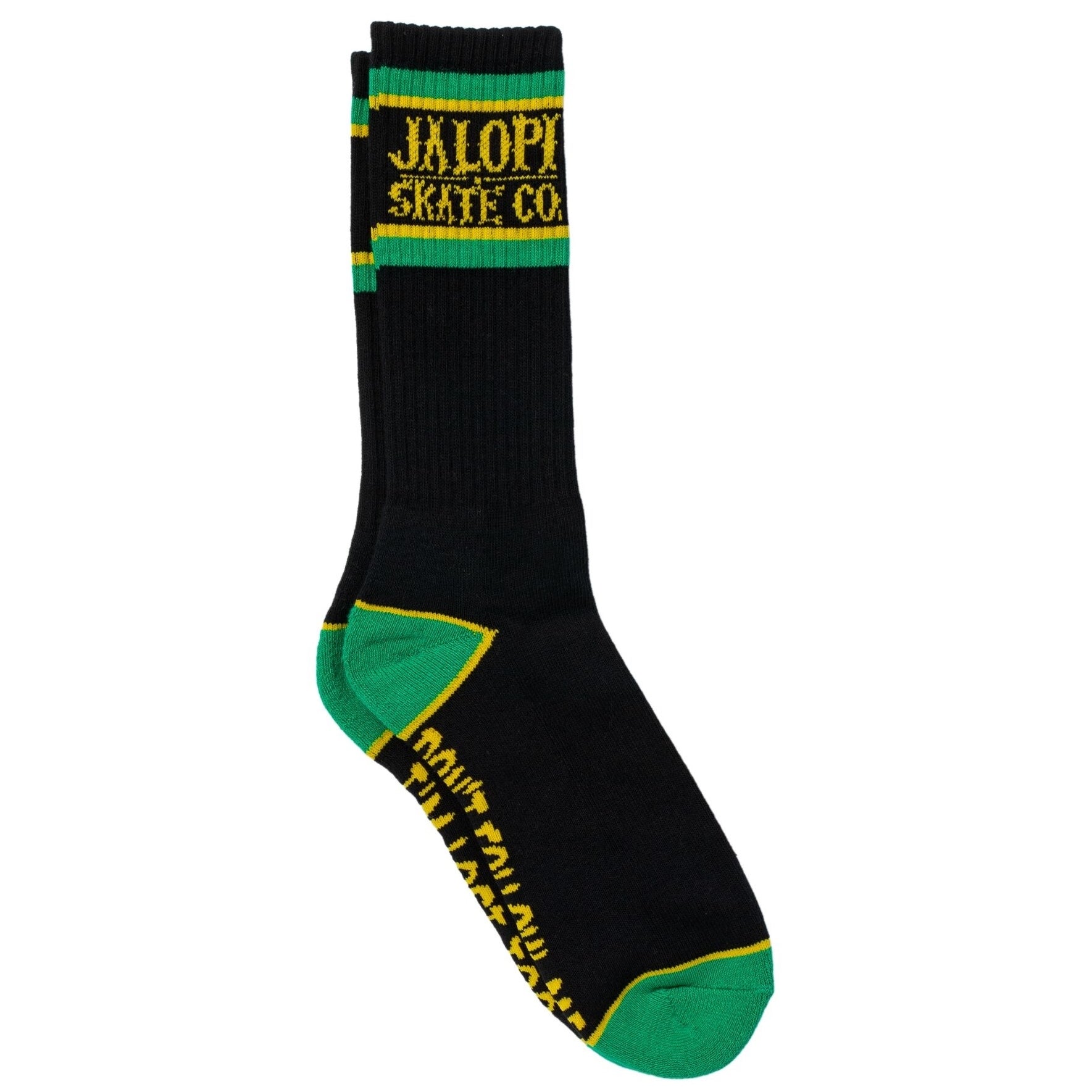 Black sock with green and yellow accents featuring 'Jalope Skate Co' branding on a white background.