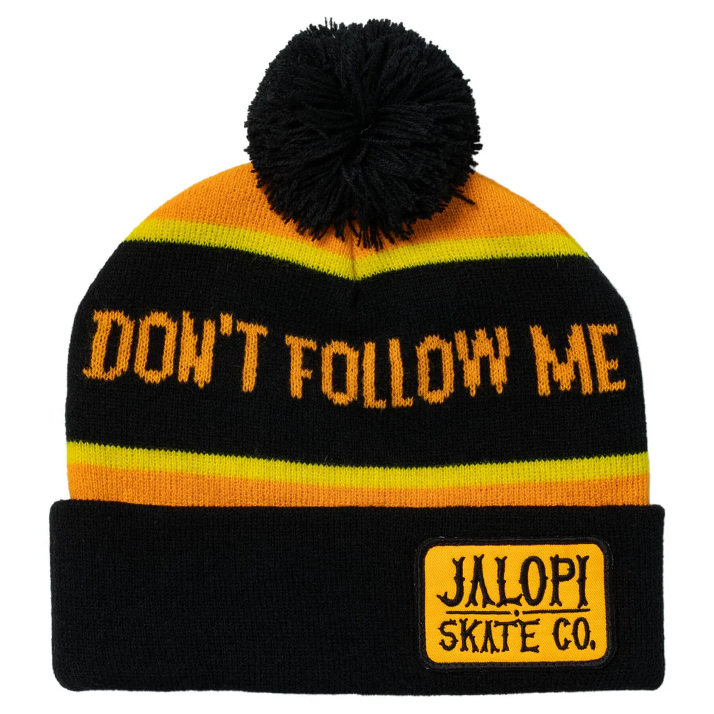 Black, orange, and yellow beanie with 'Don't Follow Me' text and Jalopi Skate Co. logo.