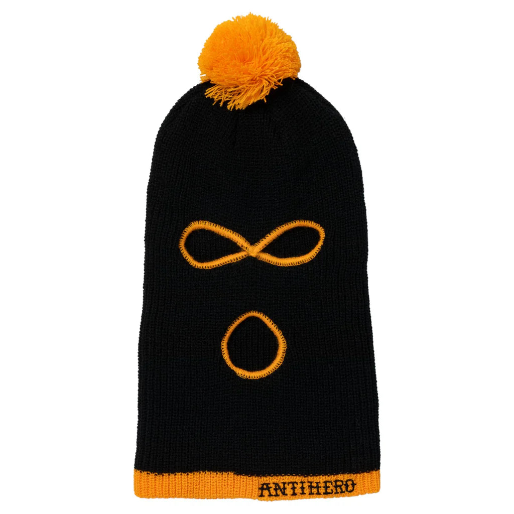 Black beanie with yellow pom-pom and Antihero logo on a white background