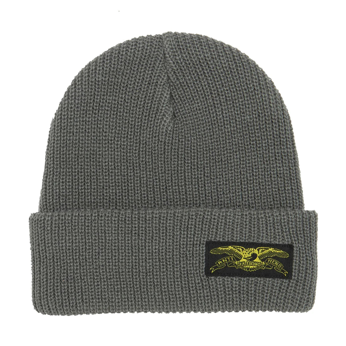 A dark gray ribbed knit beanie hat featuring a black rectangular patch on the front cuff with a yellow embroidered eagle logo 