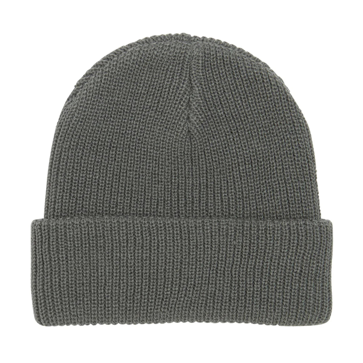 A dark gray ribbed knit beanie hat with a folded cuff, shown against a plain white background.