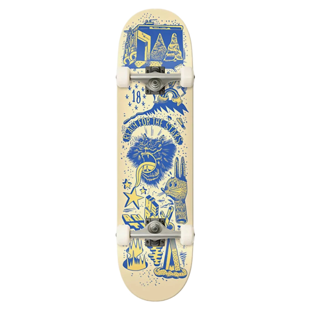 A skateboard deck with a cream-colored base and a detailed blue and yellow graphic print featuring a lion, rabbit, and mountain illustrations, shown against a plain white background.