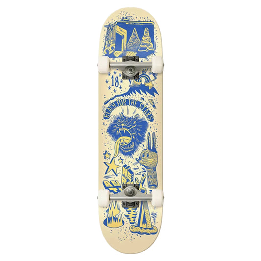 A skateboard deck with a cream-colored base and a detailed blue and yellow graphic print featuring a lion, rabbit, and mountain illustrations, shown against a plain white background.
