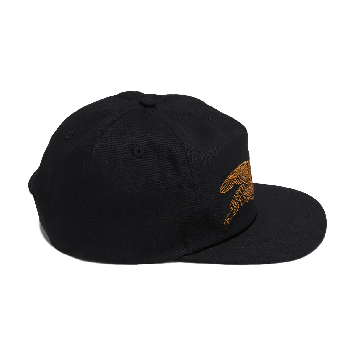 Black cap with a gold logo on a white background