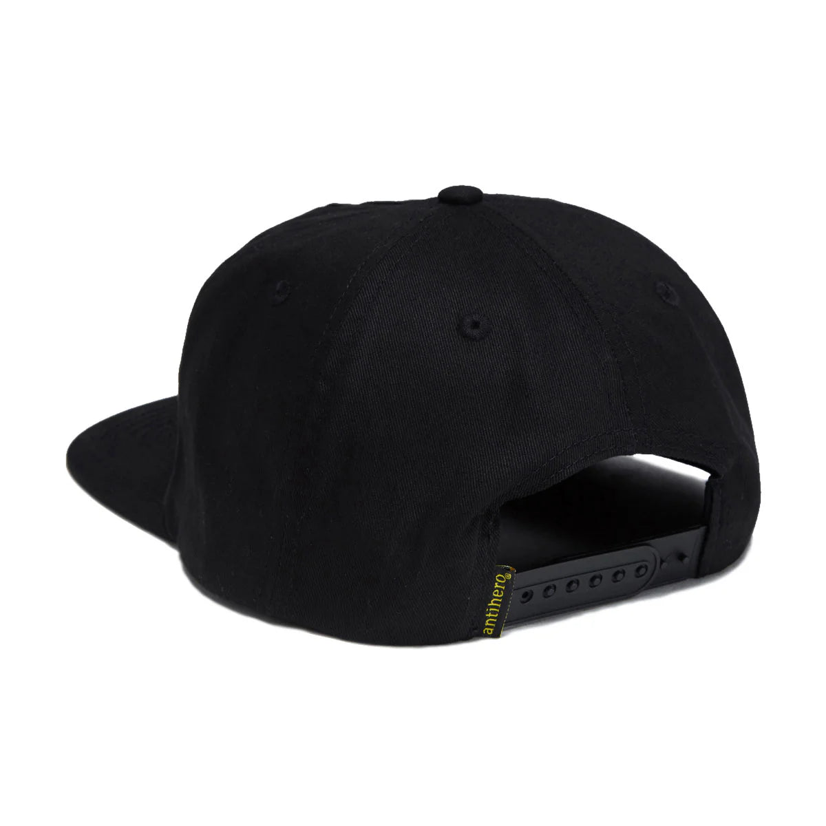 Black cap with a brand logo on the back against a white background