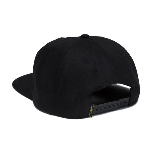 Black cap with a brand logo on the back against a white background