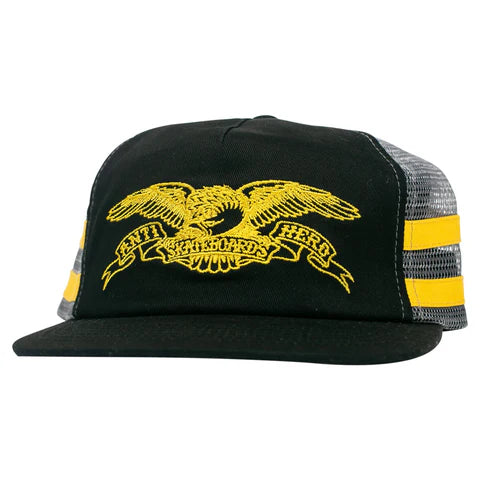 Black cap with yellow eagle emblem and mesh side on a white background