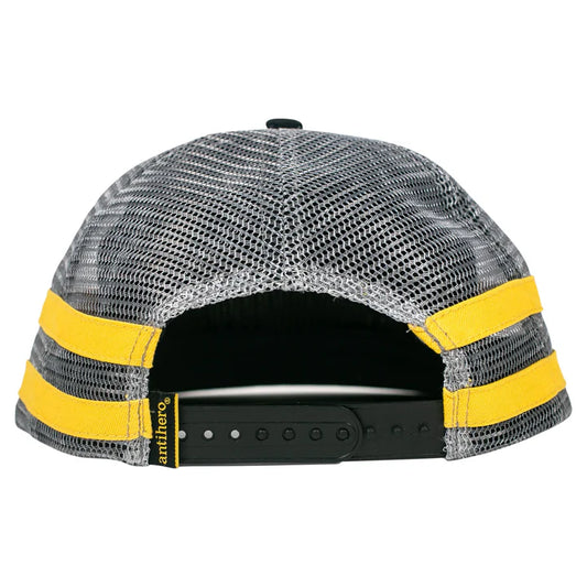 Gray mesh cap with yellow stripes and a black brim on a white background
