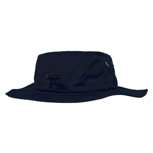 A dark navy blue wide-brimmed bucket hat with a drawstring closure on the front, shown against a plain white background.